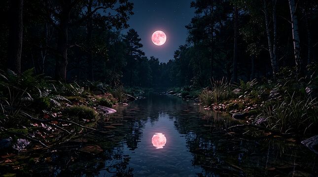Full moon reflection over dark forest river at night.