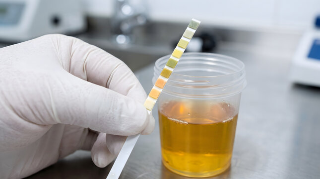 Medical Urinalysis Test Strip and Urine Sample.