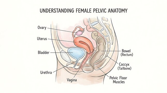 Sagittal view of female pelvic anatomy medical diagram showing internal organs