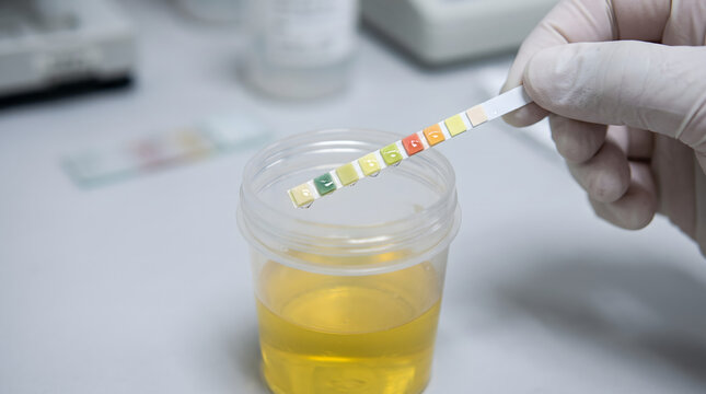Medical Urine Test Strip Dip in Sample Cup.