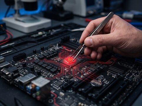 IT Technician Hand Using Tweezers on Glowing Red Defective Microchip Concept
