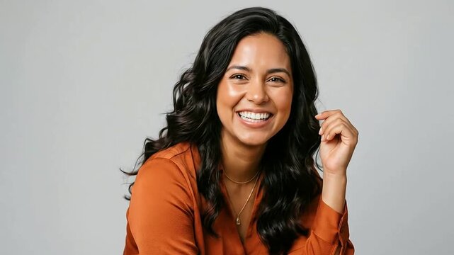 Joyful woman laughing and smiling in casual indoor setting