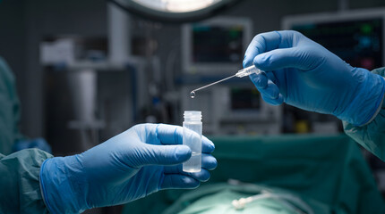 Fototapeta premium Surgeon Hands in Blue Gloves Performing Medical Procedure.