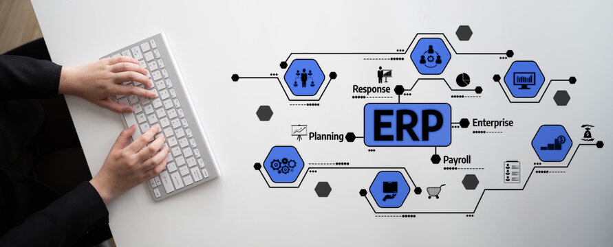 Visual representation of business process management using ERP systems, showcasing various functions like planning and payroll to enhance organizational efficiency and productivity. Tessel