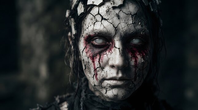 Supernatural entity with cracked skin. Scary demon portrait for horror and fantasy themes.