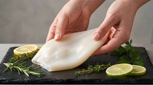 Fresh raw squid mantle being prepared by hands on stone board.