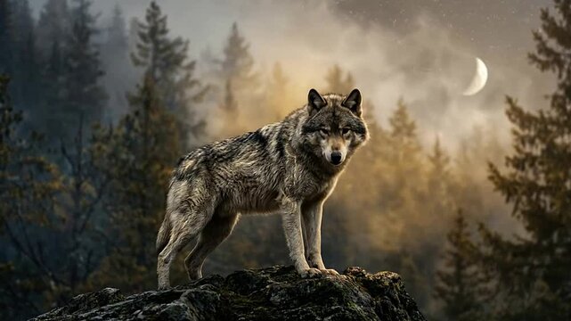 Majestic howling wolf in moonlit forest during twilight