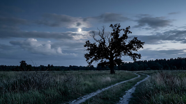 Lone tree standing on a dirt path at dusk.