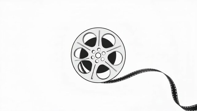 Cinematic film reel graphic illustration with unrolled vintage movie strip on clean white background