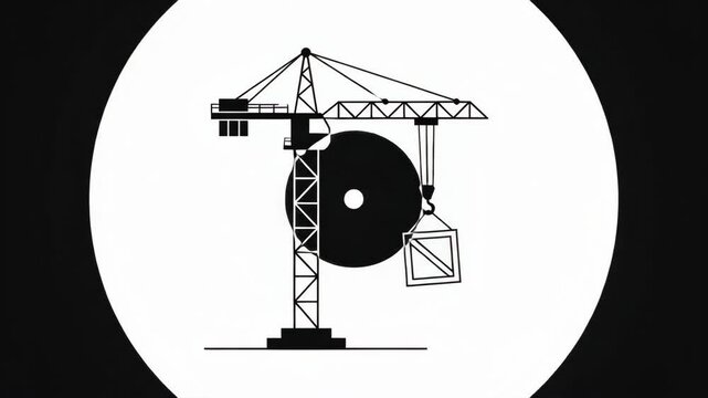 A minimalist black and white vector illustration of a construction crane lifting a crate against a bright circular backdrop, symbolizing industrial development and progress