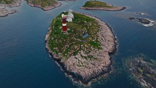 Buholmrasa Lighthouse Stands Near Seter In Osen Municipality, Tr&oslash;ndelag, Norway. Aerial Drone Shot