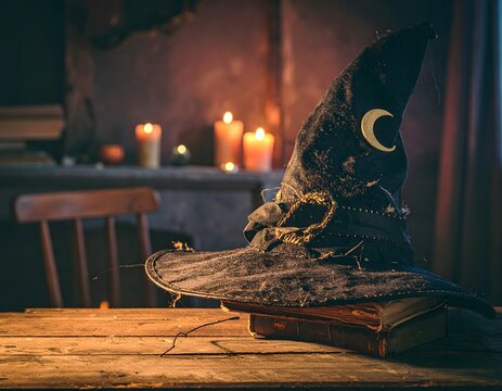 Magical pointed hat resting on old books in a candlelit room