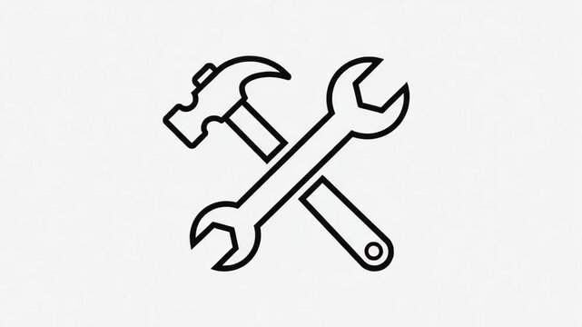 Black and white line art icon featuring a crossed hammer and wrench symbol representing manual labor construction and home repair maintenance