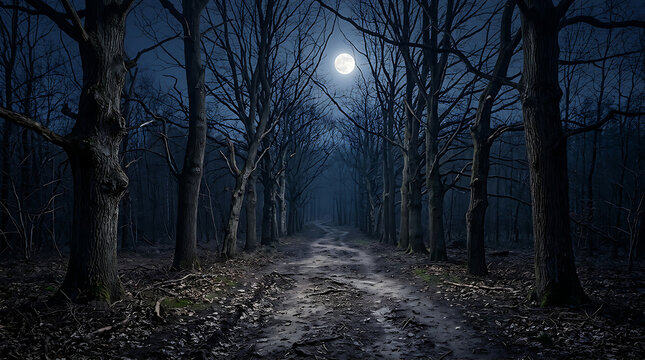 Mysterious moonlit forest path at night 1.