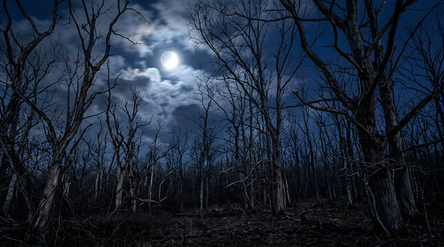 Mysterious Moonlit Forest Path at Night.