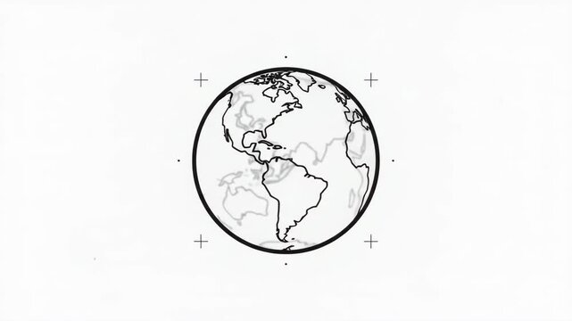 Minimalist vector line art illustration of Earth globe, continents and oceans in sleek outline, ideal for global concepts, geographical representation, and digital design projects
