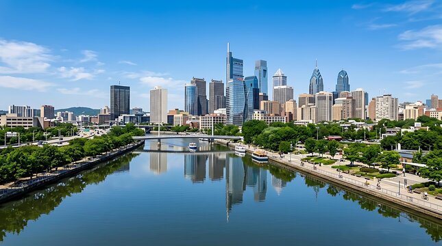 Philadelphia skyline reflecting in schuylkill river on sunny day, pennsylvania, usa