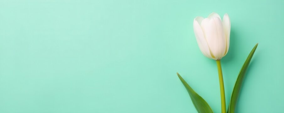 Mint background, white tulip in square frame Minimal spring aesthetic , minimal design, frame, petals