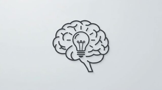 Conceptual linear graphic of a human brain with a glowing lightbulb, symbolizing the birth of an idea, innovation, intellectual insight, creative thinking, and the essence of intelligence