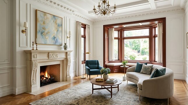 Luxurious living room interior with fireplace, curved sofa and large bay window