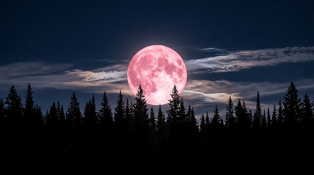 Pink Full Moon Over Dark Forest Silhouette.