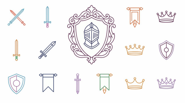 Knights Heraldry Icons: Shields, Swords, Crowns, Banners - Vector Graphics
