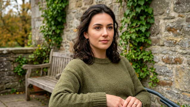 Young woman sitting outdoors in a garden with a stone wall