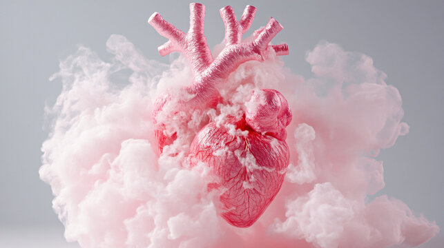 3D rendering of a pink anatomical human heart surrounded by pink smoke representing passionate love concept, abstract cardiology art, and surreal emotional health.