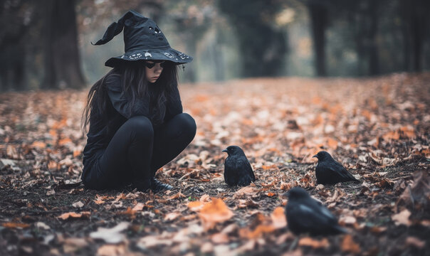 Little girl dressed as a witch sitting in an autumn forest with black crows representing spooky Halloween tale, magical childhood fantasy, and dark autumn mystery.