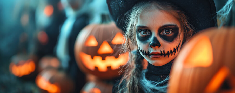 Portrait of a girl with spooky skull makeup surrounded by glowing pumpkins representing Halloween costume party, creepy trick or treat event, and festive holiday tradition.