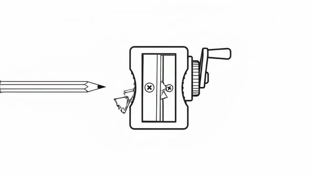 Minimalist Black and White Line Art Illustration of a Manual Pencil Sharpener and a Wooden Pencil