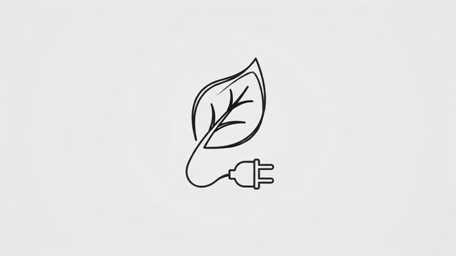 Eco friendly green energy icon featuring leaf with electric plug line art illustration for renewable clean power concept