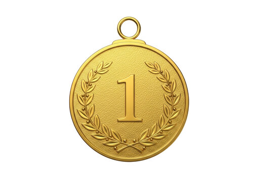 Shiny gold medal with number one for sports victory and achievement isolated on transparent background