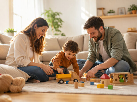 Happy Family Playing Together at Home with Smiling Parents and Children Enjoying Fun Indoor Quality Time