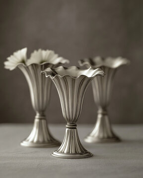 Silver Bud Vase Set with Scalloped Edges and Tarnished Metal Texture