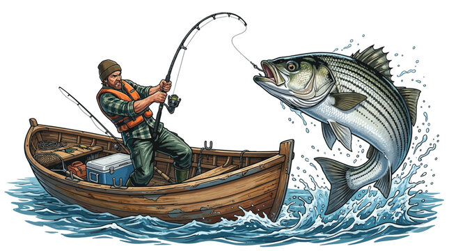 Fisherman in a boat catches a jumping striped bass fish in the ocean water illustration