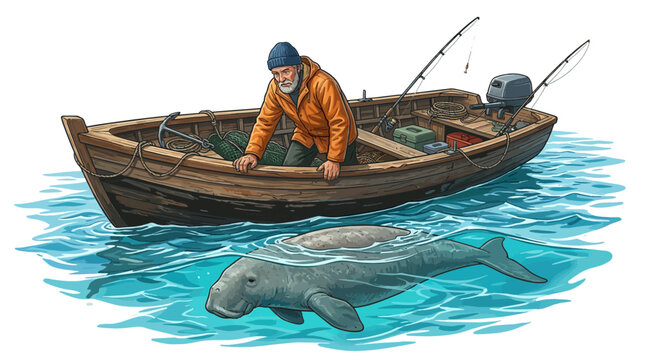 Fisherman in boat encounters manatee in clear blue ocean water