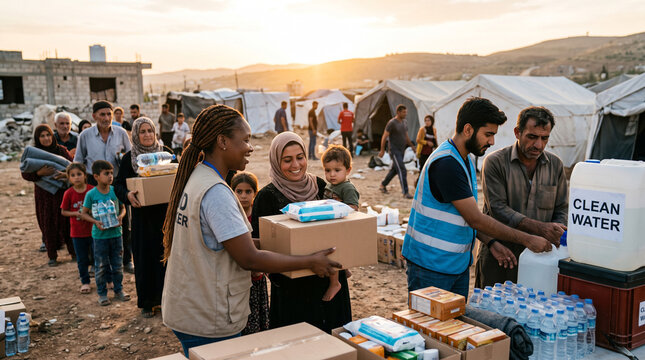 Humanitarian volunteers distributing clean water and food aid to families in a refugee camp with relief workers handing out supplies water people camp sunset