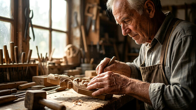 Senior woodworker carving a wooden sculpture in a workshop