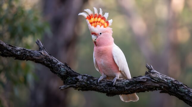 Major Mitchell cockatoo perched on a branch. Pink parrot in the wild with a vibrant crest.