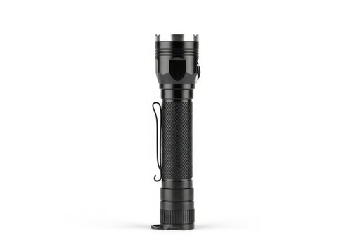 Professional black tactical flashlight isolated on white