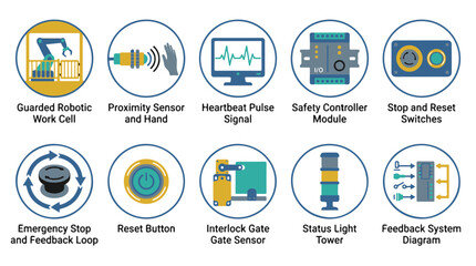 Fototapeta premium Industrial Safety System Icons Set for Automated Robotic Production and Factory Control