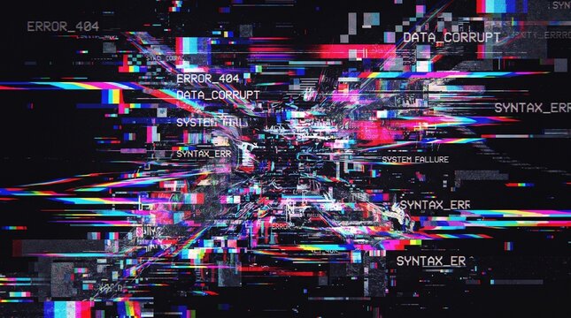 Digital glitch abstraction displays neon colored pixel distortion and system error text on a black background.