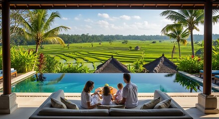 Obraz premium A family relaxes by a stunning infinity pool at a tropical villa, with breathtaking views of vibrant green rice paddies and palm trees.