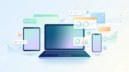 Fototapeta premium Digital devices with floating data analytics and business charts