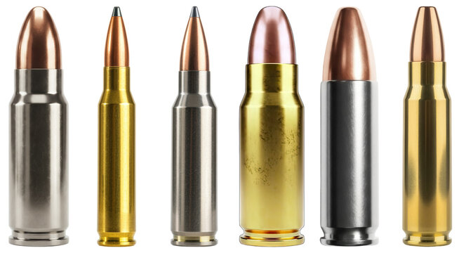 Variety of shiny new bullet cartridges and ammunition, showcasing different calibers and casing materials.