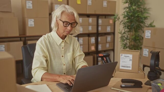 Woman at laptop with cardboard boxes, typing and hands gesturing while scanning orders in a building; small business calm.