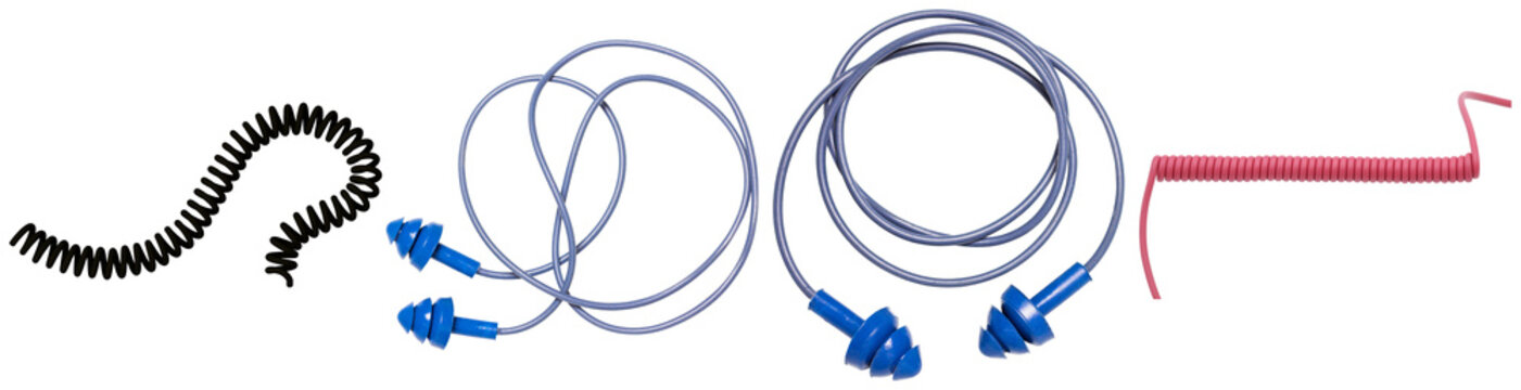 Diverse collection of coiled cords, including blue earplugs and a black spiral cable.