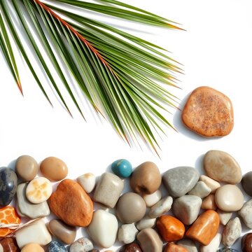 Sea stones scattered on white background with a palm branch, relaxation, calming
