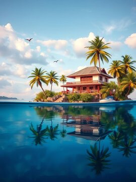 Tropical island house with palm trees and birds flying over reflective water, trees, water
